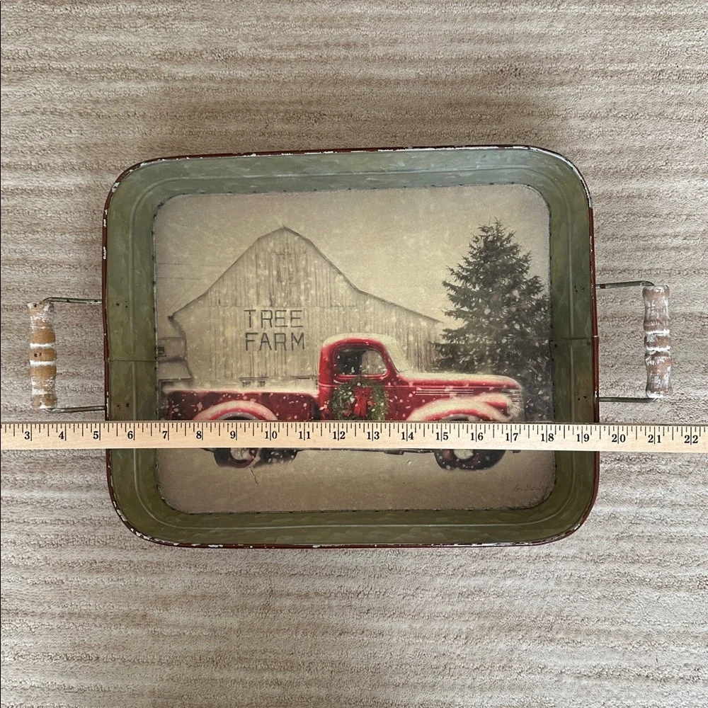 ‘Tree Farm With Truck' Metal Serving Tray with Handles by Lori Deiter, 14” x 11”